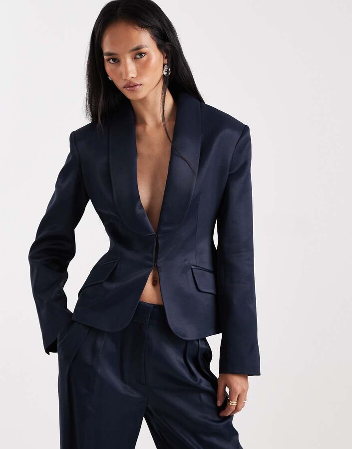 ASOS DESIGN occasion ultimate sculpted satin tuxedo blazer in navy - part of a set