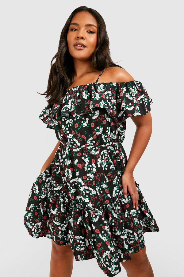 Boohoo Plus Bardot Ruffle Skater Dress Boohoo Plus Multi Leopard