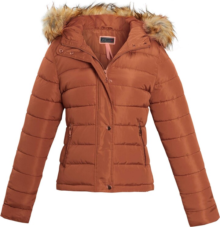 shelikes Womens Winter Jackets Quilted Padded Coat Warm Faux Fur Hooded ...