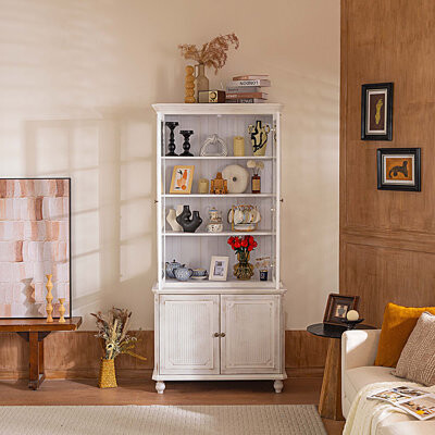 One Allium Way 77.5''H Farmhouse Pantry Cabinet with Glass Doors, Vintage Display Cabinet with Storage, Curio Cabinet Hutch Cabinet 3-Sided Glass