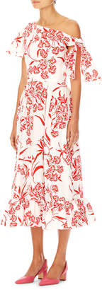 Carolina Herrera Asymmetric Floral-Print Cotton Dress w/ Knot Detail
