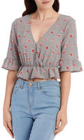 Thumbnail for your product : Miss Shop Cross Front Ruffle Sleeve Top - Soft Sage Rose Polka