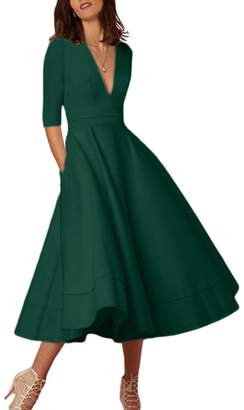 YMING Women's Retro V Neck Half Sleeve High Waist 1950'S Party Swing Dresses L