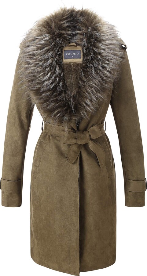 Bellivera Women S Faux Suede Leather, Womens Faux Fur Collar Trench Coat