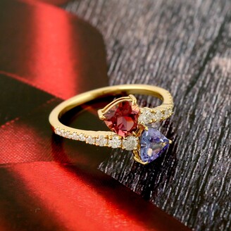 Artisan Pink Tourmaline Tanzanite 18K Yellow Gold Pave Diamond Heart Ring Jewelry