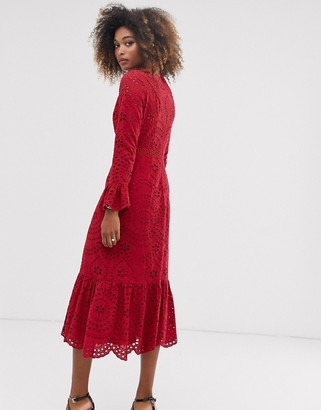 ASOS DESIGN PREMIUM broderie maxi dress with pep hem and fluted sleeves