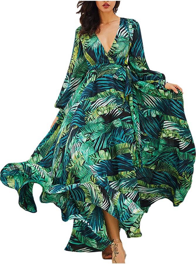 wuitopue Spring Summer Long Sleeve Maxi Dresses for Womens 2022 Casual  Green Leaf Print Flowy Dressy Tunic Long Dress - ShopStyle