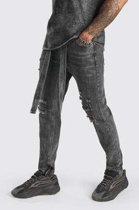 boohoo Mens Grey Skinny Rigid Ripped Jeans With Denim Belt, Grey