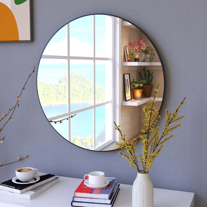 Beingnext 32" Round Black Metal Frame Wall Mounted Mirror,Hanging
