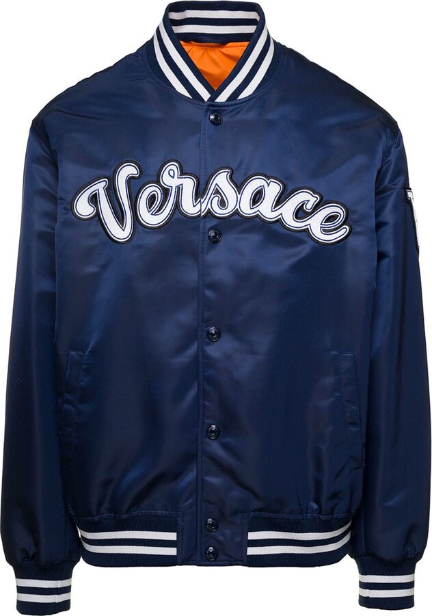 Versace Navy Blue Logo Patch Bomber Jacket in Cotton Man ShopStyle