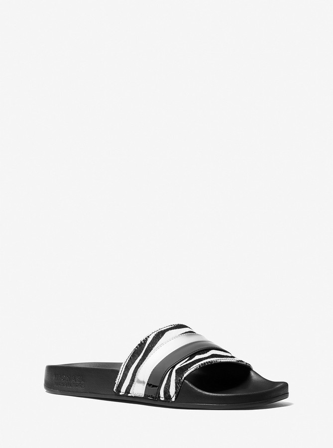 black and white striped slides