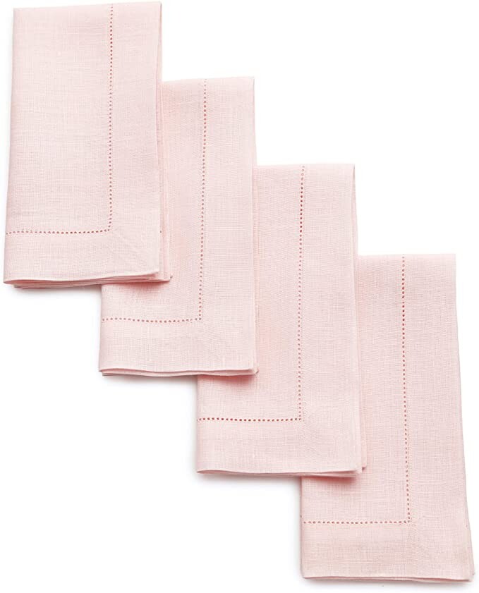 Solino Home 100% Pure Linen Hemstitch Dinner Napkins - 20 x 20 Inch, Pink Set of 4, European Flax, Natural Fabric Machine Washable Classic Hemstitch - Handcrafted with Mitered Corners