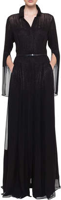 Akris Shirt-Collar Pleated-Skirt Metallic Georgette Evening Gown