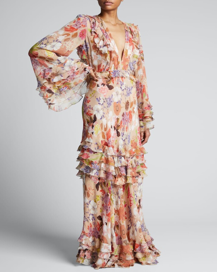 Etro Floral-Print Ruffle Open-Back Gown - ShopStyle Evening Dresses