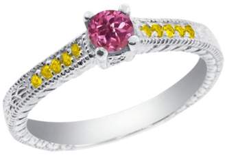 Gem Stone King 0.33 Ct Round Pink Tourmaline Simulated Citrine 14K White Gold Engagement Ring