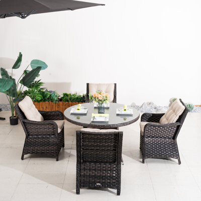 Moda Furnishings 5-Piece Outdoor Patio Dining Set With Woven Rattan Chairs & Tempered Glass Table