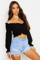 Thumbnail for your product : boohoo Woven Shirred Cross Front Volume Sleeve Crop Top