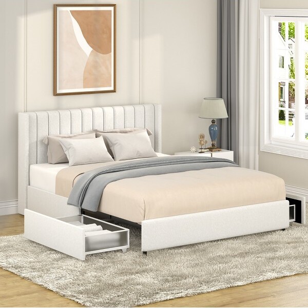 TinyhomieAndaQueenIvoryBouclePlatformBed4patenteddrawerstuftedheadboardwoodslatsnoboxspringneeded