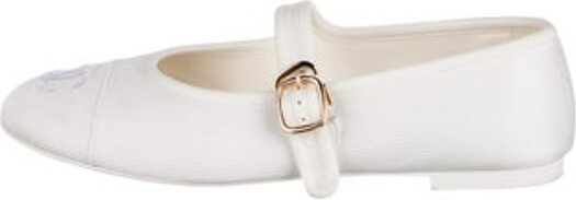Chanel Mary Jane Flats From the Summer 2024 Collection by Virginie Viard White Interlocking CC Logo & Quilted Pattern Leather & Silk Trim Round-Toes with Embroidered Accent Mary Jane Strap & Buckle Closure At Uppers Includes Box & Dust Bag Designer