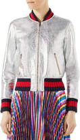 Thumbnail for your product : Gucci Crackle Leather Bomber Jacket, Silver