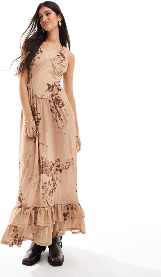 ASOS DESIGN plunge tiered midi dress with gathered waist in boho