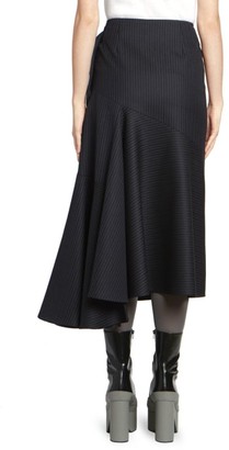 Dries Van Noten Side Sash Pinestripe Asymmetric Wool-Blend Midi Skirt