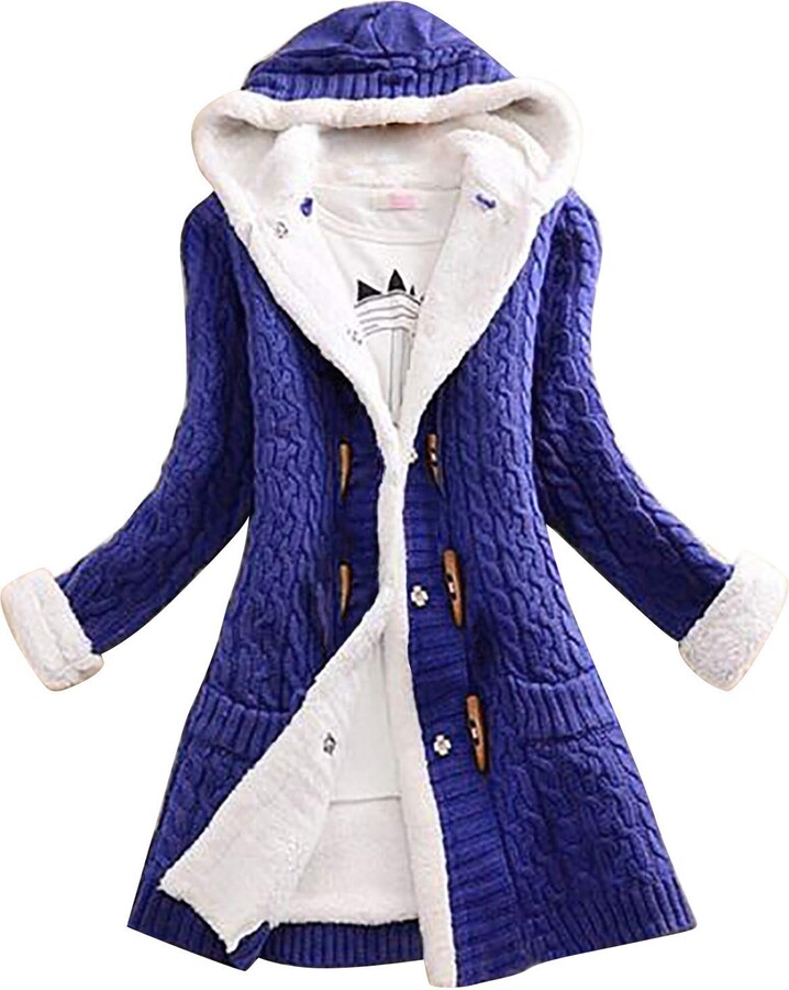 navy cable knit hooded button up swing coat