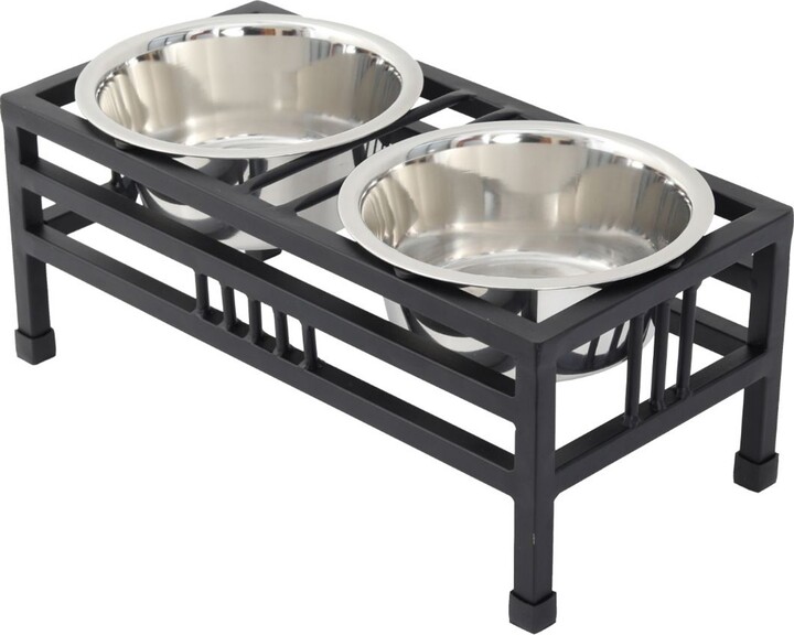 Iconic Pet Elevated Rectangular Non-Skid Stainless-Steel Double Diner Dog Bowl, Black, Medium: 32-oz