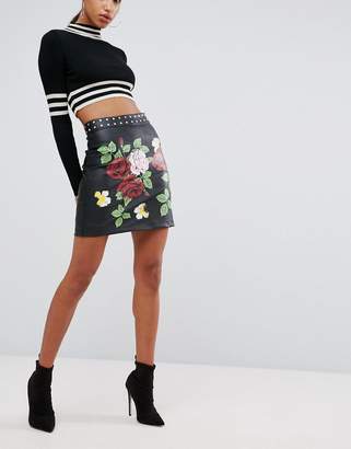 ASOS Leather Look Mini Skirt With Rose And Stud Detail