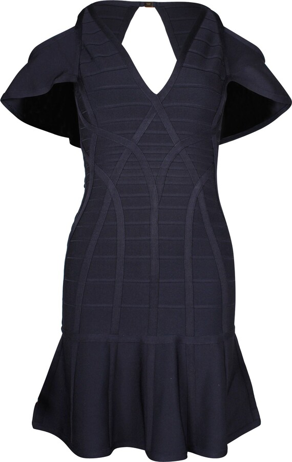 Herve Leger Flared Bandage Mini Dress in Navy Blue Rayon