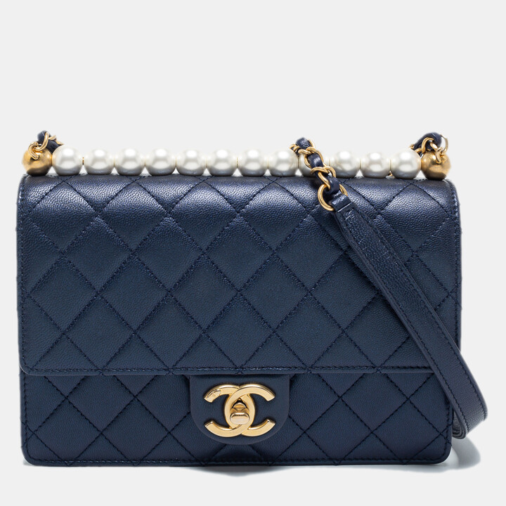 Chanel Metallic Navy Blue Quilted Leather Medium Chic Pearls Flap Bag ...