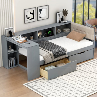 Red Barrel Studio Wooden Platform Bed With Storage Shelves And Drawers