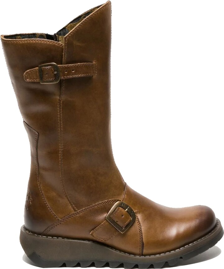 Fly London MES2913 - Women's Wedge Heel Buckle Mid Calf Leather Boots