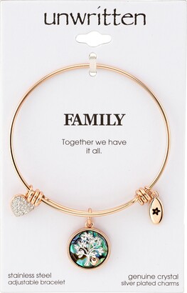 Unwritten Family Tree Inlay Charm Bangle Stainless Steel Bracelet in Rose Gold-Tone with Silver Plated Charms
