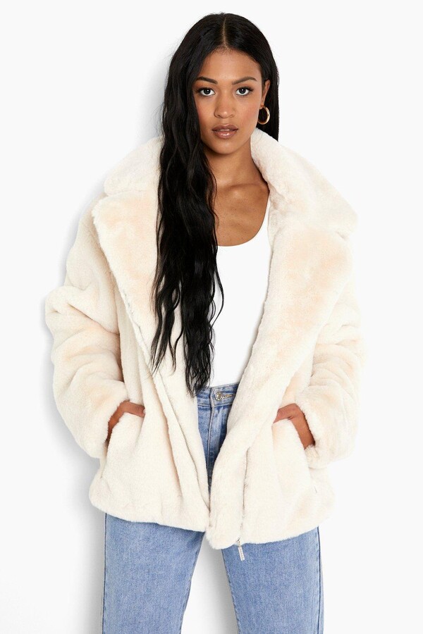 cream hooded fur coat