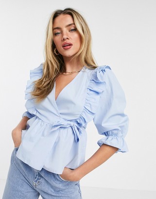 New Look poplin ruffle detail wrap blouse in light blue - ShopStyle Tops