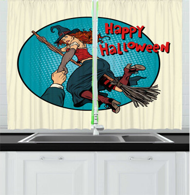 2 Piece Halloween Pop Art Illustration of Witch Lady on Broomstick Holding Man's Hand Kitchen Curtain Set