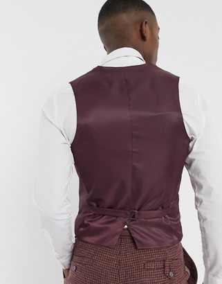 ASOS DESIGN slim suit suit vest in burgundy and gray 100% lambswool puppytooth