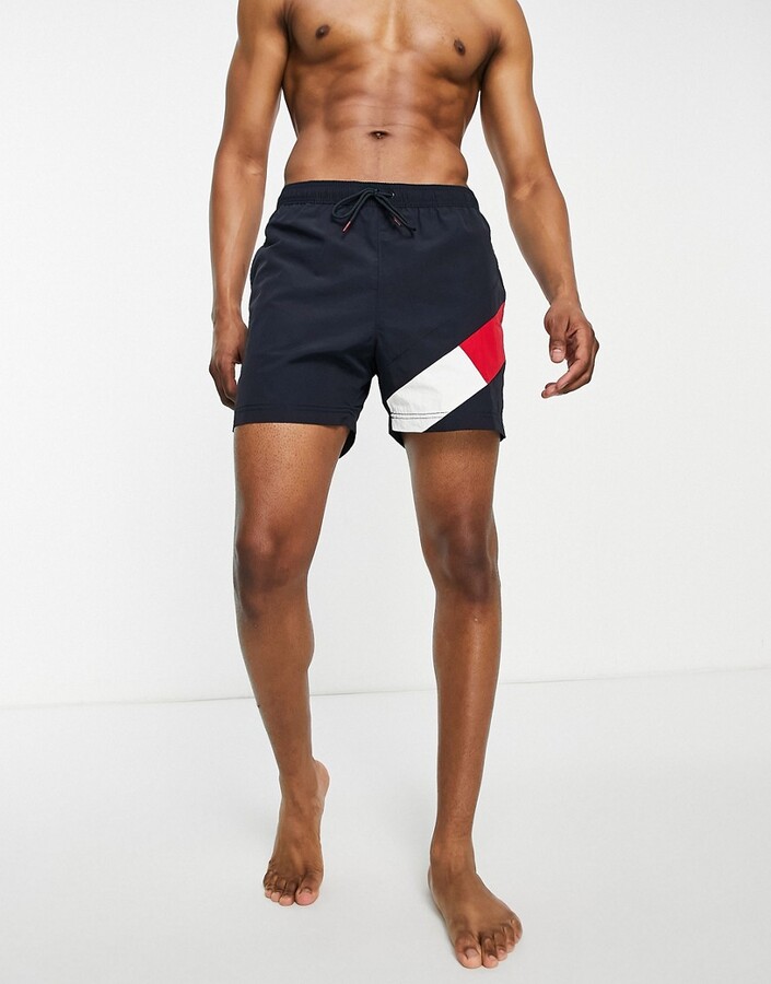 Tommy Hilfiger flag leg logo mid length swim shorts in navy - ShopStyle