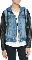 Thumbnail for your product : Blank Hooded Faux-Leather & Distressed Denim Jacket, Blue/Black