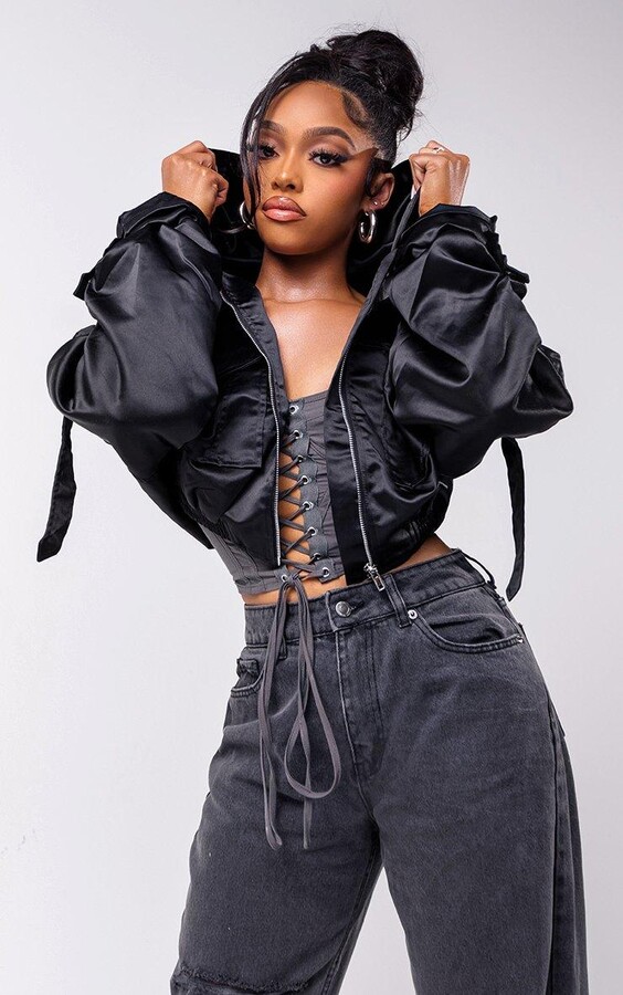 Black Satin Oversized Hooded Utility Bomber Jacket ShopStyle