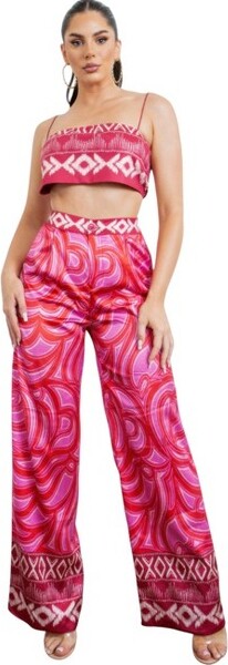 SlickblueWomen'sSatinBraTopandWide-LegPantsSetStretchWaistbandCherrySizeS