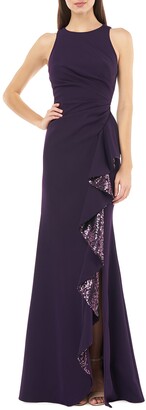 Carmen Marc Valvo Sleeveless Cutaway Crepe Gown w/ Sequin Lined Cascading Ruffle