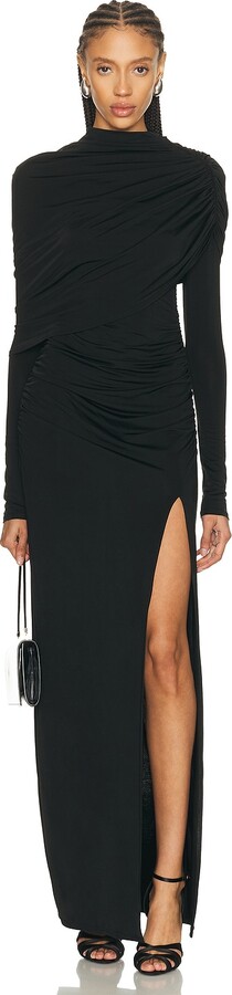 Sally LaPointe Jersey Asymmetrical Shawl Draped Gown in Black