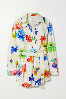Off-White Belted Floral-print Cotton-poplin Mini Shirt Dress - Sand