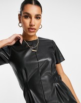 Thumbnail for your product : NA-KD faux leather pleated waist mini dress in black