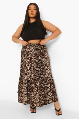 boohoo Plus Leopard Print Tiered Maxi Skirt