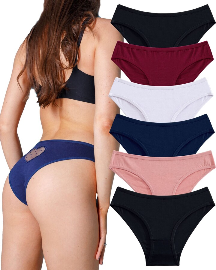 FINETOO 6 Pack Cotton Underwear For Women Heart Lace Thongs Ladies Hipster  Breathable Stretch Panties S-XL 