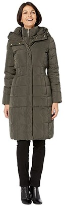 Cole Haan Quilted Down Coat with Bib Elasticated Side Waist Detail and Oversized Hood