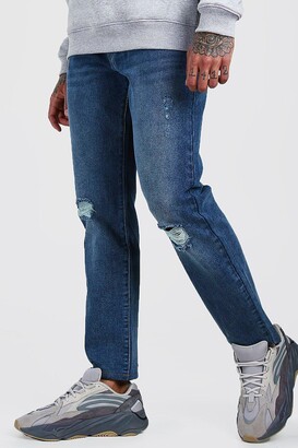 boohoo Mens Blue Slim Fit Rigid Jeans With Ripped Knees, Blue - ShopStyle